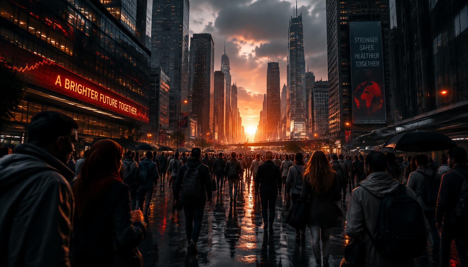 A crowd moving together through the city