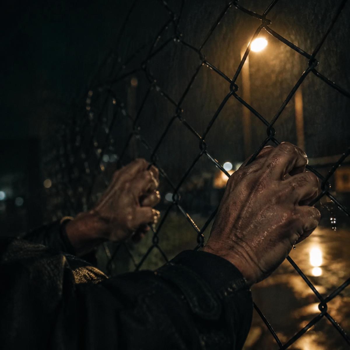 Hands gripping a fence in the rain